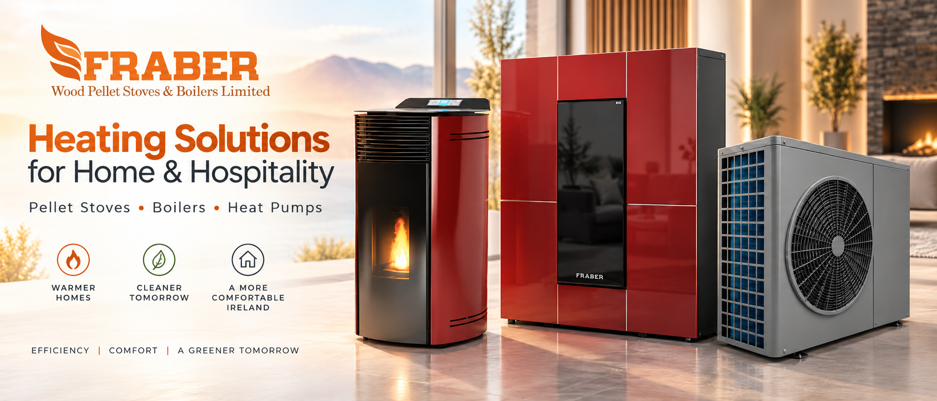 Fraber heating solutions for home and hospitality: pellet stoves, boilers and heat pumps.